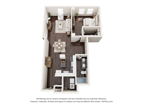 Floor plan for 1 bed, 1 bath, 969 sqft